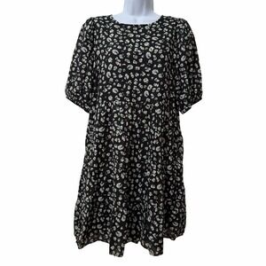 BA&SH Beth Floral Tiered Puff Sleeve Mini Dress Size M Black Dark Cottagecore
